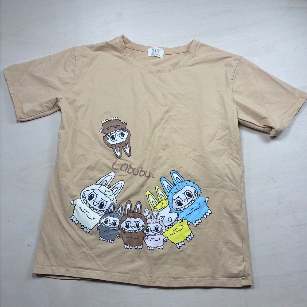 Labubu Pop Mart The Monsters Graphic T-Shirt Tan Beige Short Sleeve Crewneck